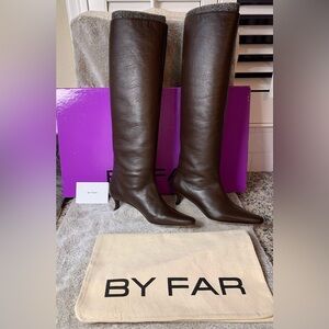 By Far Stevie 42 Tall Tabac Brown Kitten Heel Leather Boots 38 EU/ 8 US NEW
